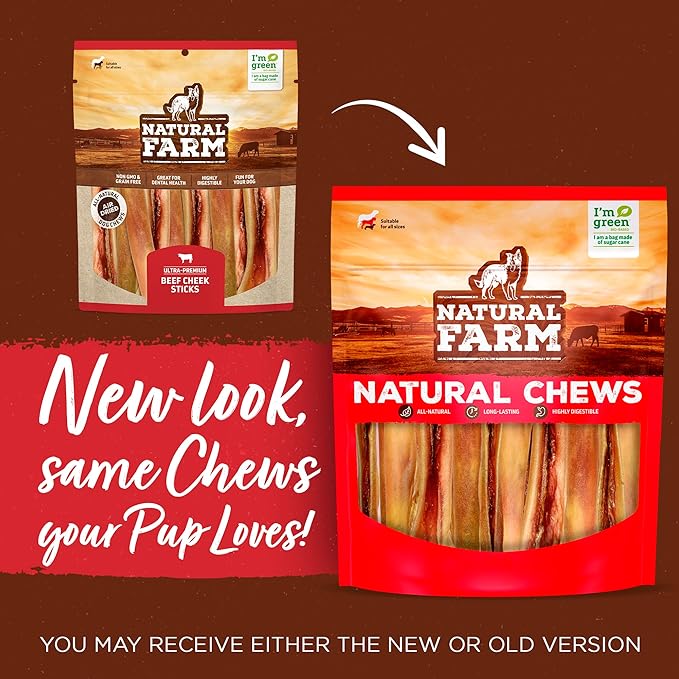 Natural Farm Bully Cheek Stick, 10-12 Inch (12-Pack)- Best Bully Stick Alternative, 100% Natural Beef Cheeks for Dogs- High Protein, Cleans Teeth Treats, Long Lasting Beef Chews for All Dog Sizes
