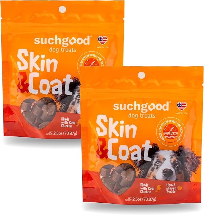 SuchGood Skin and Coat Dog Treats - 70 Count Advanced Omega Skin and Coat Support Chews for All Breed Sizes, Premium Salmon and Flaxseed Oil for Dogs - (Chicken Flavor, 2 Pack)