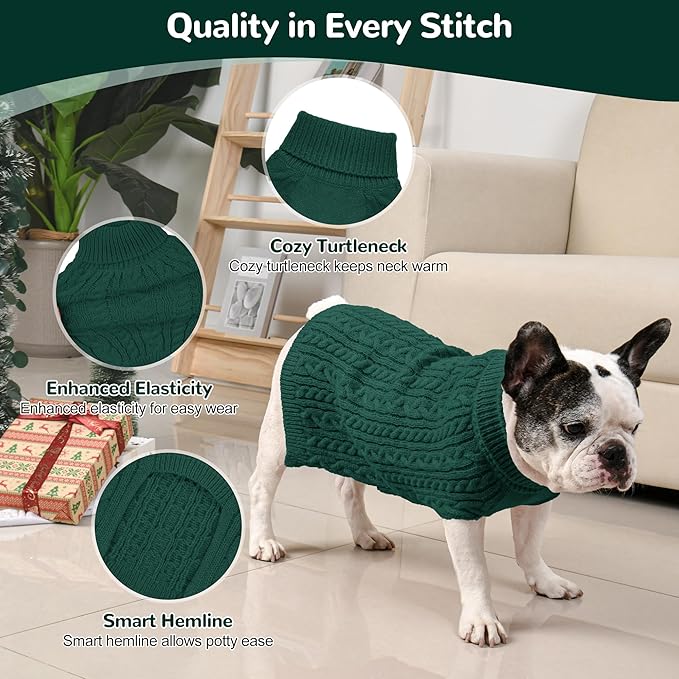 2 Pack Dog Sweaters for Medium Dogs Winter Turtleneck Pullover Cable Knit Fleece Stretch Frenchie Dachshund Pug Corgi Beagle Boy Girl Pet Clothes (L, Green & Brown)
