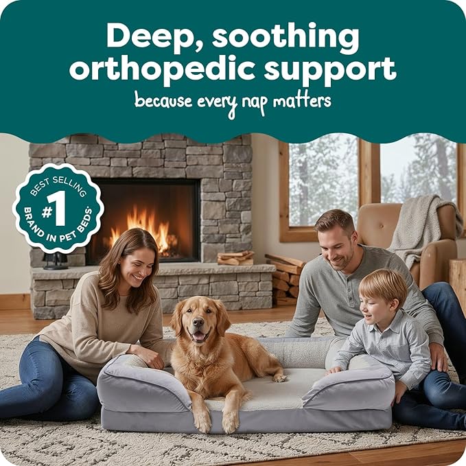 FurHaven Perfect Comfort Sofa Orthopedic Dog Bed for Large Dogs, Memory-Top Foam with a Solid Orthopedic Foam Base for Joint Support, Removable Washable Cover, Jumbo XL, Plush & Velvet, Granite Gray