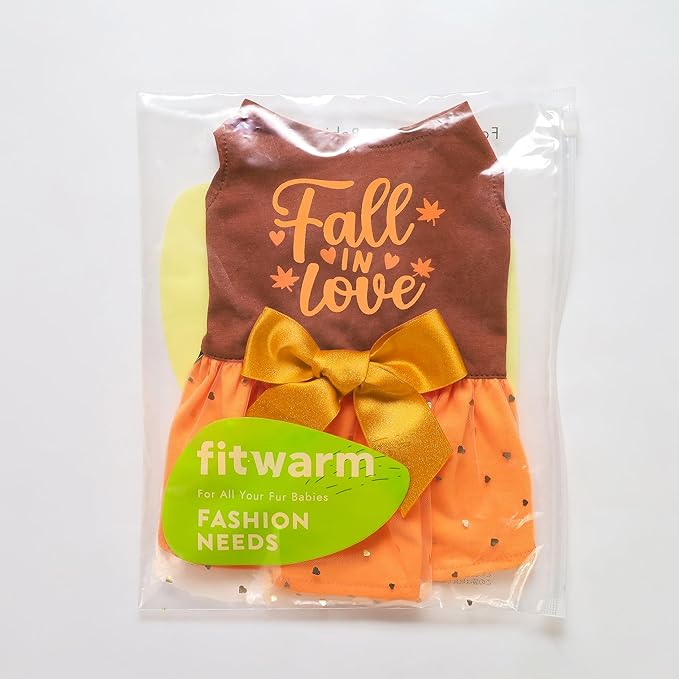 Fitwarm Thanksgiving Fall in Love Dog Dress, Sparkly Dog Clothes for Small Dogs Girl, Holiday Pet Tutu Dress, Cat Outfit, Brown, Orange, XXS