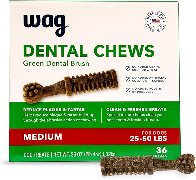 Amazon Basics Dental Dog Treats to Help Clean Teeth & Freshen Breath for Medium Dogs, Unflavored, Per Pack: 36 Count, 2.25 pounds (Previously Wag)