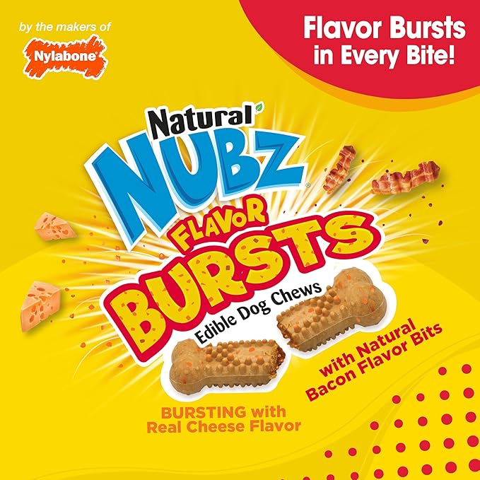 Nylabone Nubz Flavor Bursts Natural Dog Chews for Small Dogs, Long Lasting Chew Bones Made in the USA, Grain-Free Dog Treats, Bacon & Cheese Flavor, for Dogs Over 30 lbs. (7 Count)