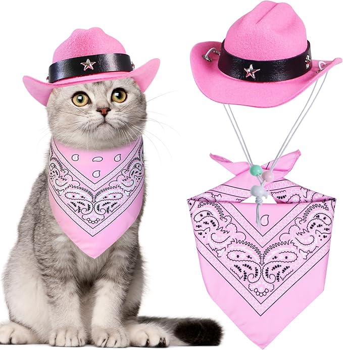 GOYOSWA Cat Cowboy Costume, Cat Halloween Costumes Funny Pet Cowboy Hat and Bandana Set for Cats Kittens Pets (Pink)