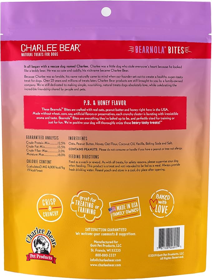 Charlee Bear Bearnola Bites Crunchy Dog Treats, Peanut Butter and Honey, 8 Ounce Resealable Bag, Limited Ingredient, Natural, Healthy Granola Dog Snacks, Made in USA