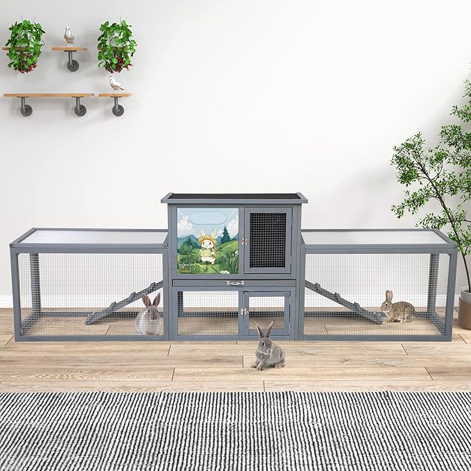 COZIWOW Rabbit Hutch Outdoor, 94.5" Extra Large Bunny Hutch, 2-Story Wooden Rabbit Cage Indoor for 2 or More Bunnies with Pull-Out Tray & Weatherproof Roofs (Grey)