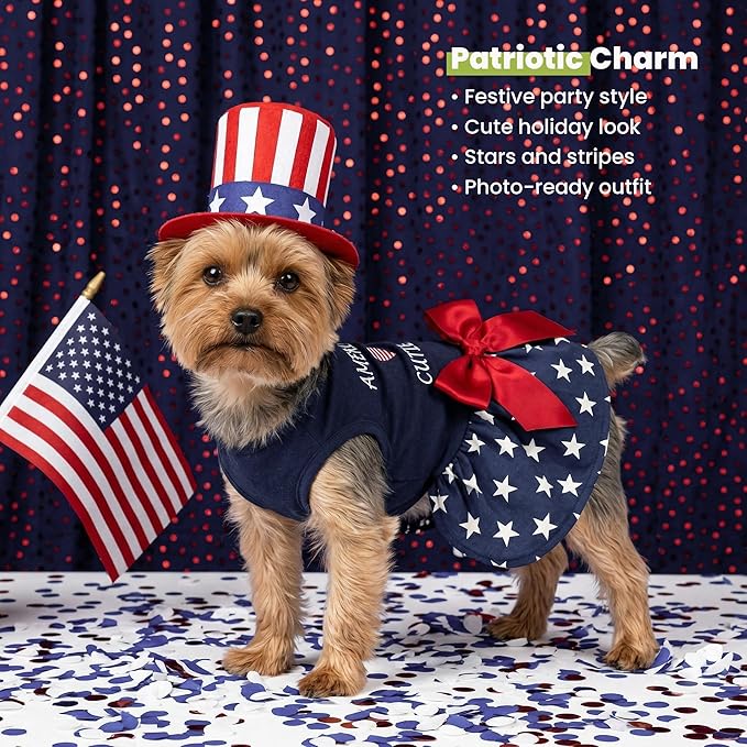 Fitwarm 100% Cotton 4th of July American Cutie Dog Clothes Memorial Day Dog Outfits Patriotic Dresses Doggie Dress Pet Cat Apparel Blue Small