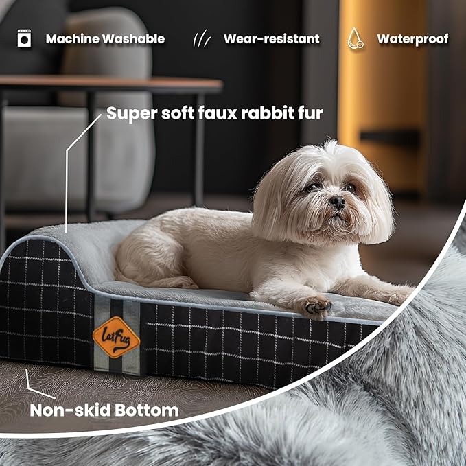 Laifug Orthopedic Memory Foam Dog Bed with Durable Water Proof Liner and Removable Washable Cover (Large (34"x22"x5.5"), Black Grid Gray)