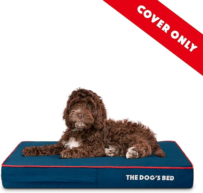 The Dog’s Bed Replacement Outer Cover, Oxford Fabric, Blue with Red Trim, Medium, 4-Inch
