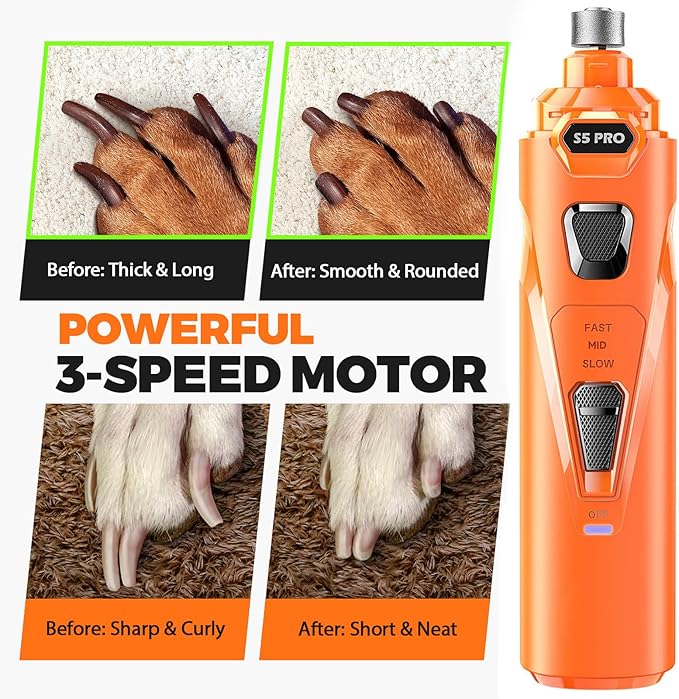 Whisper Quiet Dog Nail Grinder with LED Light, Safe & Stress-Free for Sensitive Dogs of All Breeds & Sizes, 3 Grinding Bits, 3-Speed, Pet Nail Trimmers, Rechargeable Painless Grooming Kit Orange