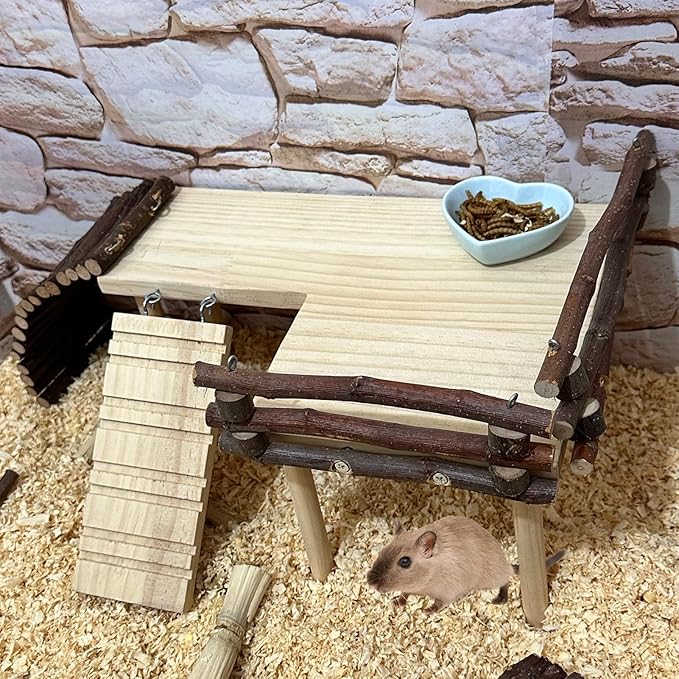 Wooden Hamster Platform with Fence, Large Syrian Hamsters Standing Platforms with Legs Wood Syrian Hamsters Playing Toy Standing Table Gerbil Cage Accessories