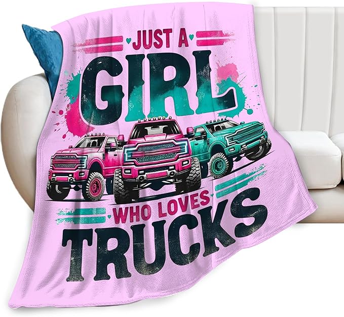 SweetFox Just A Girl Who Loves Trucks Blanket, Truck Decor Throw Blanket Gifts for Girls Boys Lovers Super Warm Soft Plush Fleece Flannel Winter Bedding Blankets for Kids Adults Men Women 50"X40"