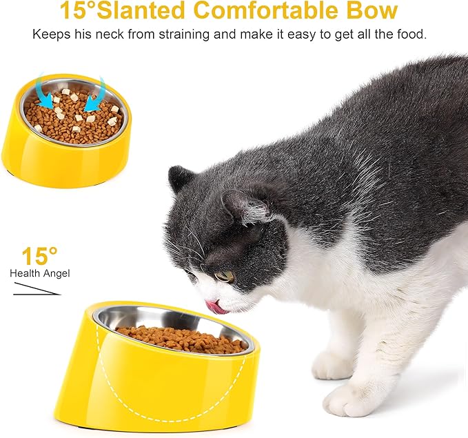 Tilted Dog Bowl Non-Slip & Non-Spill Pet Feeder with Elevated Detachable Melamine Stand, Easy to Get Food Dog Dish, M/180ml Yellow