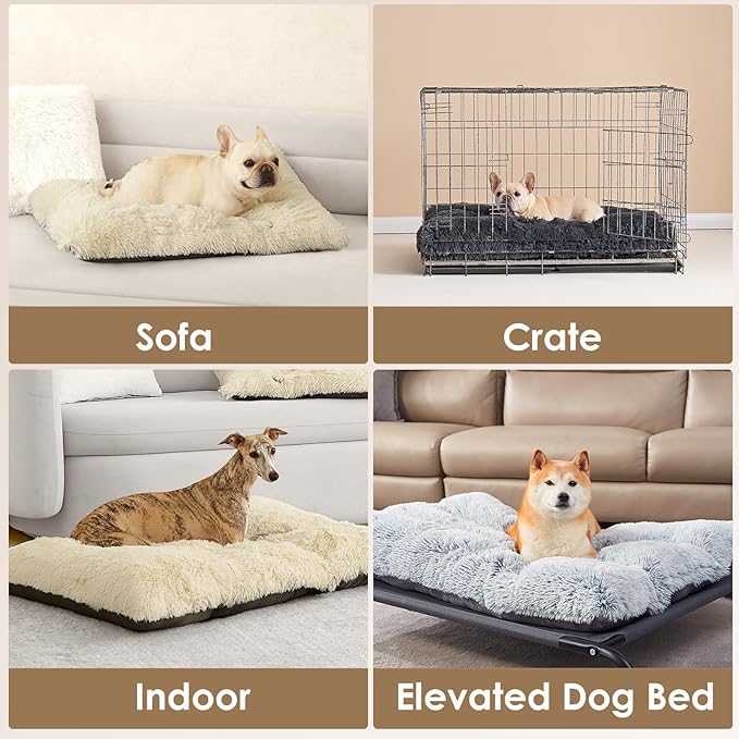 EHEYCIGA Fluffy Dog Crate Bed for Large Dogs, Plush Faux Fur Crate Pad, Calming Anti Anxiety Large Dog Bed, Washable Soft Warm Mat with Non-Slip Bottom, Ivory Beige