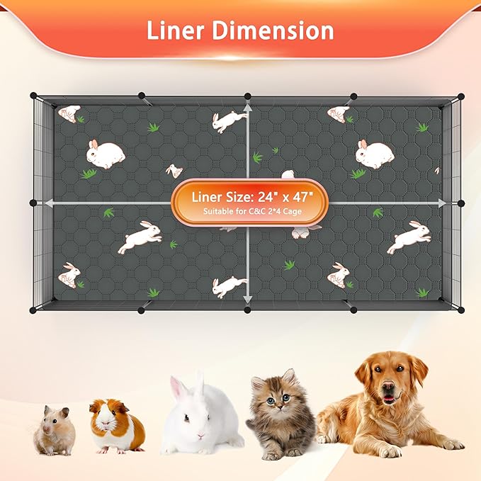 Guinea Pig Cage Liner, Reusable Guinea Pig Bedding Washable Absorbent Pee Pads for Dogs Kitten Rabbit Chinchilla Hamster, Leakproof & Anti Slip (4, C&C 2*4, 24"x47")