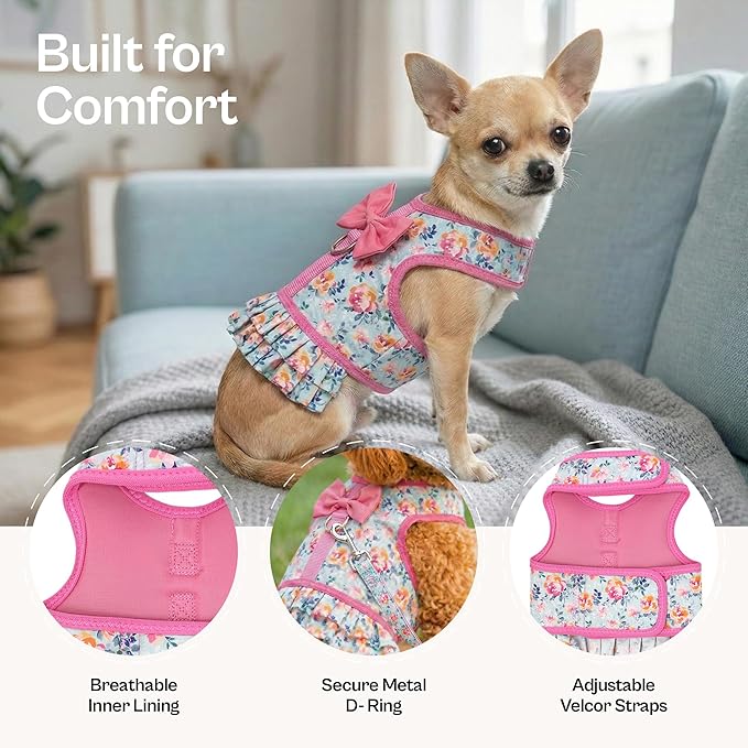 Parisian Pet Floral Dog Harness Dress - Breathable No Pull Puppy Dress with Pink Bow and Leash Ring - 100% Mesh Fabric Harnesses for Dogs - Soft Padded Step in Pet Vest - Dog Harness Medium Sized Dogs