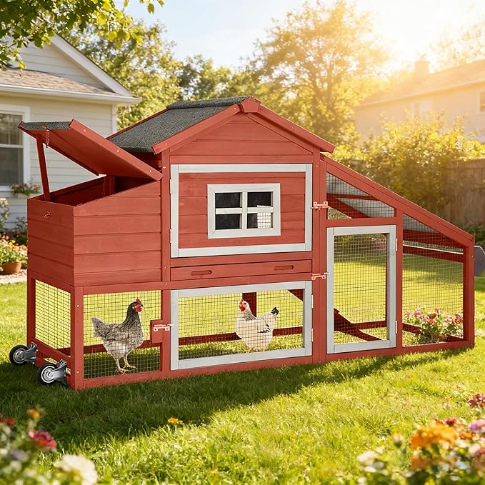 Aivituvin Chicken Coop Expandable Mobile Chicken House for Outdoor with Wheels, Nesting Box, Leakproof Pull-on Tray and UV-Resistant Roof Panel (Red, AIR23)