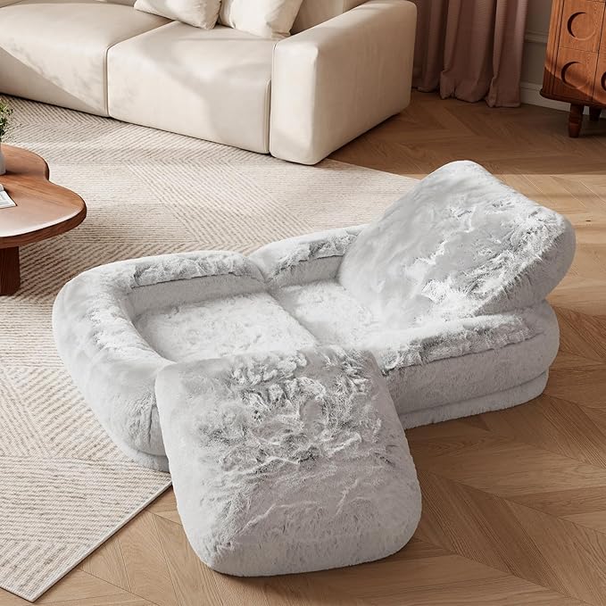 71" Human Dog Bed for Adults & Pets, Foldable Lazy Bed with 4 Adjustable Positions, Convertible Tatami Sofa with Detachable Faux Fur Cover & 2 Pillows for Bedroom & Living Room