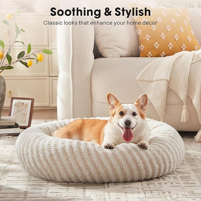 MIXJOY Dog Beds Large Sized Dogs, Washable Dogs Bed with Removable Cover, Cozy Donut Dog Ded Fluffy Plush Faux Fur Pet Bed with Anti-Slip Bottom, 36"x36"x10", White