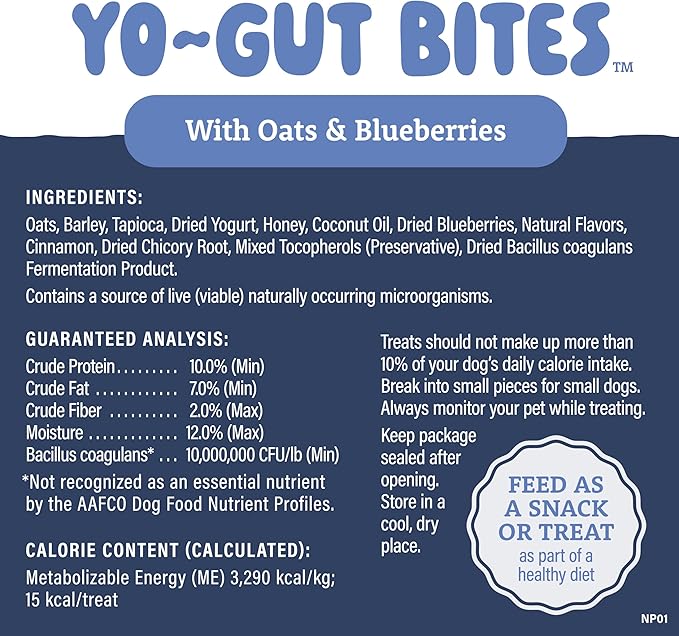 Natural Balance Yo-Gut Bites Crunchy Dog Treats with Real Oats & Blueberries, Greek Yogurt Drizzle, Probiotics for Digestive Support, 10oz Bag