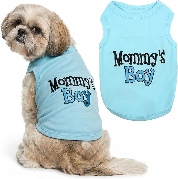 Parisian Pet Dog Shirt for Mother's Day – 100% Cotton Shirts for Large Dogs – Blue Sleeveless Puppy Clothes – Lightweight and Breathable Dog Apparel – Boy Dogs Clothes - Stretchy Mommy’s Boy Pet Shirt