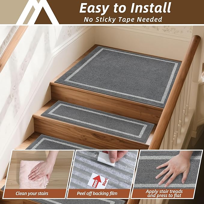 COSY HOMEER Stair Landing Rug 30x30 Inch, Non-Slip Square Landing Mat for Wood Steps Indoor, Washable Polyester with TPE Backing, Grey