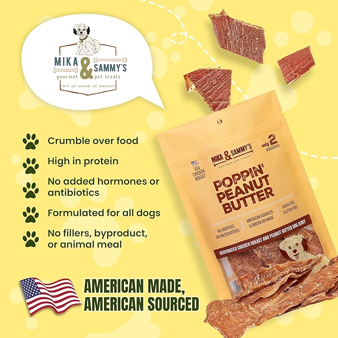 Gourmet Chicken Jerky Dog Treats -Made in USA only, Cage-Free, No Additives (Mika & Sammy's Poppin' Peanut Butter 12 oz)
