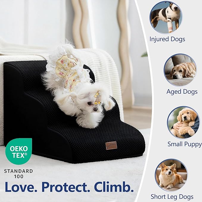 GoGoBunny Waterproof High Density Foam Curved Dog Stairs for High Beds Couches 19.7" H, 4-Step Ramp Dog Steps Friendly to Small Medium Dogs or Pets Joints, Non-Slip Balanced Durable Pet Step, Black