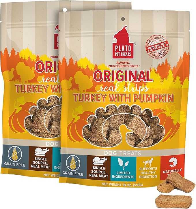 Plato Pet Treats Real Strips - Air-Dried Meat Bars for Dogs - Delicious, Limited Ingredient Dog Treats - Grain Free - Original Real Strips Turkey & Pumpkin 18oz - 2 Pack