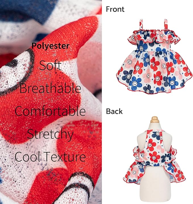Fitwarm Patriotic Floral Smiley Face Dog Dress, 4th of July Outfit for Small Dogs Girl, Festive Pet Clothes, Red, White, Blue, Pink, Small