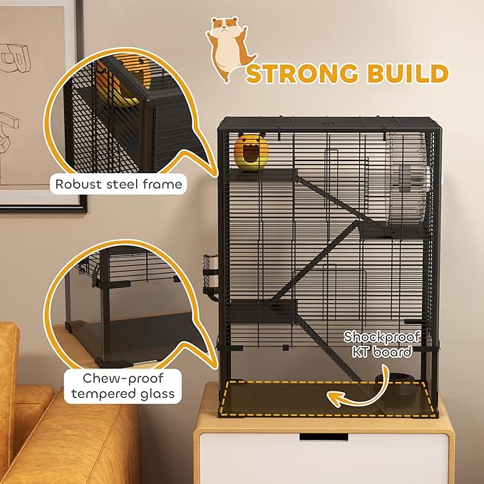 PawHut Large Hamster Cage with 9" Deep Tempered Glass Bottom, 4 Tiers Hamster Tank with Running Wheel, Hut, Water Bottle, Dish, Rat Cage for Syrian, Dwarf, Gerbils, Mouse, 24" x 16" x 31.5", Black