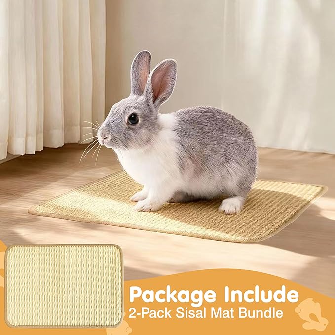 Rabbit Toys & Bunny Mat, Natural Sisal Nesting Pad Scratching Pad for Indoor Cage, 2-in-1 Bedding Mat & Chew Toy for Teething & Play, Helps Nail Health (2PCS, 16x12in)