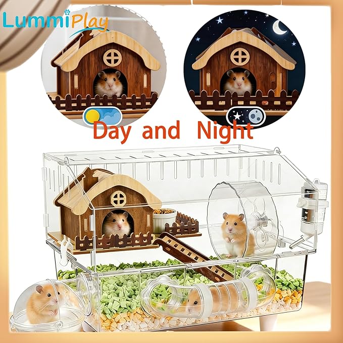 Acrylic Hamster Cage,8 in 1 Clear Transparent Habitat with All Accessories, Multi-Level Small Animal Enclosure with 2-Layer Platform、Hideout、Exercise Wheel、Bath、Bowl and Wheel、Bottle（17 * 13.4 * 11“）