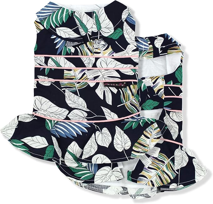 Parisian Pet Palm Dog Dress - 100% Cotton Summer Clothes for Medium Dogs Girl - Tropical Leaf Pet Dress - Stylish Beach Dog Outfit - Lightweight Puppy Clothes - Green Dresses for Dogs