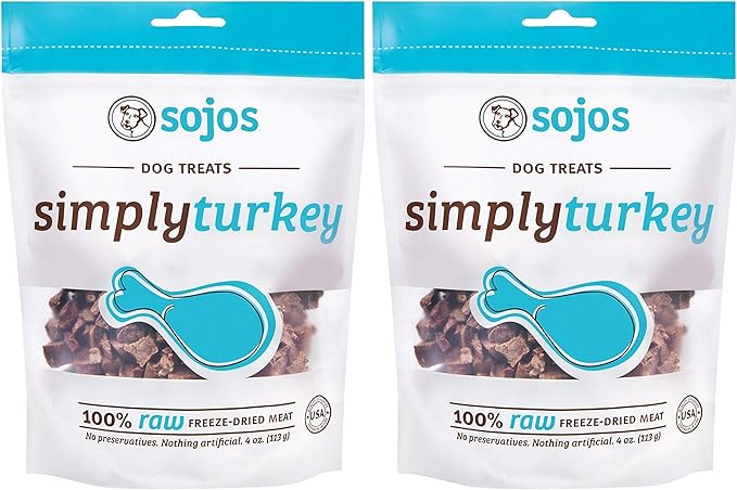 SOJOS 2 Pack of Simply Turkey Dog Treats, 4 Ounces each, 100 Percent Raw Freeze-Dried Meat, Made in the USA