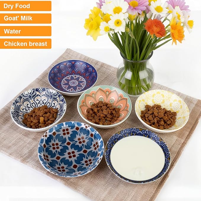 Ceramic Cat Food Bowls,6 Pack Colorful Cat Bowls Set,Anti-Slip Cats Dishes,Whisker Friendly Wide Pet Bowls for Indoor,5.75 inch Cute Kitten Plates for Wet and Dry Food Water