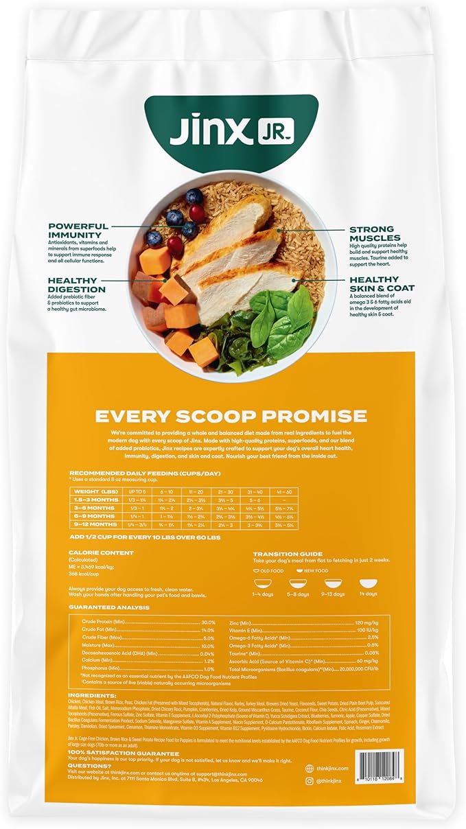 Jinx Premium Puppy Dog Food- Real Chicken, Brown Rice & Sweet Potato, Puppy Food with DHA, Protein & Calcium for Brain Health - Probiotics for Digestive Support - No Fillers - 30lb