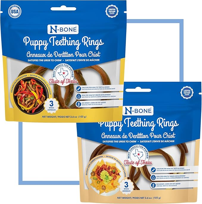 N-Bone Puppy Teething Rings Tex-Mex 3 count bag Variety Pack, Chicken Fajitas & Queso Con Carne Flavor, Total 2 bags, 7.2-oz, 6 Rings