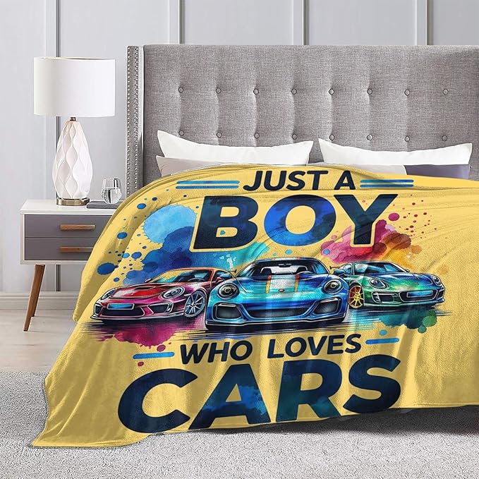 SweetFox Just A Boy Who Loves Cars Blanket, Cars Decor Throw Blanket Gifts for Girls Boys Lovers Super Warm Soft Plush Fleece Flannel Winter Bedding Blankets for Kids Adults Men Women 60"X50"