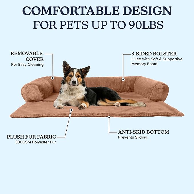 PETMAKER Couch Cover for Dogs Washable - 45x45in Plush Dog Couch Cover Protector for Large Pets - Washable Pet Furniture Protector with Foam Bolster and Non-Slip Bottom - Puppy Essentials (Beige)