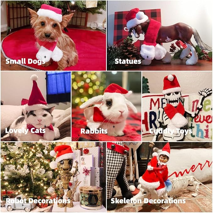 NAMSAN Christmas Cat Hats Costume, Santa Hat with Red Scarf for Cats Small Dogs, Rabbit Christmas Hat Outfit, Small Xmas Apparel for Statue Decoration