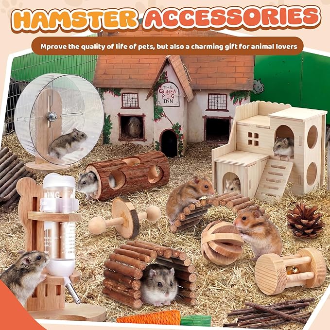 18 Pcs Hamster Cage Accessories, Silent Hamster Wheel, Chew Toys Set, Maze Wood House and Water Bottle Set for Rat Mice Small Animals Habitat (Natural Log Style)