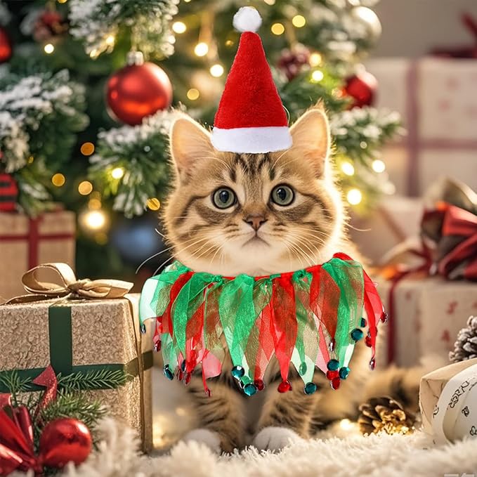 Christmas Cat Costume Small Santa Hat and Collar for Small Dogs & Cats Fancy Holiday Pet Costume Accessories for Christmas Party
