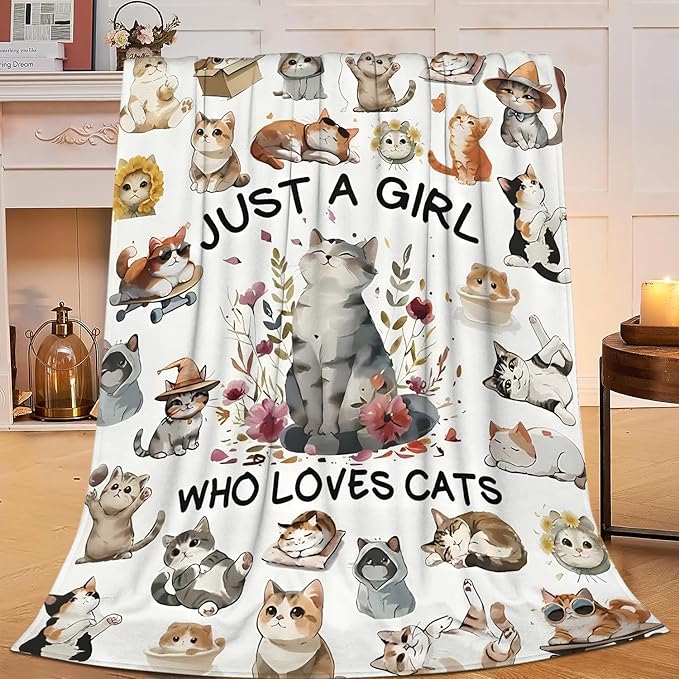 SweetFox Just A Girl Who Loves Cats Blanket, Cute Cat Decor Throw Blanket Gifts for Girls Boys Lovers Super Warm Soft Plush Fleece Flannel Winter Bedding Blankets for Kids Adults Men Women 50"X40"