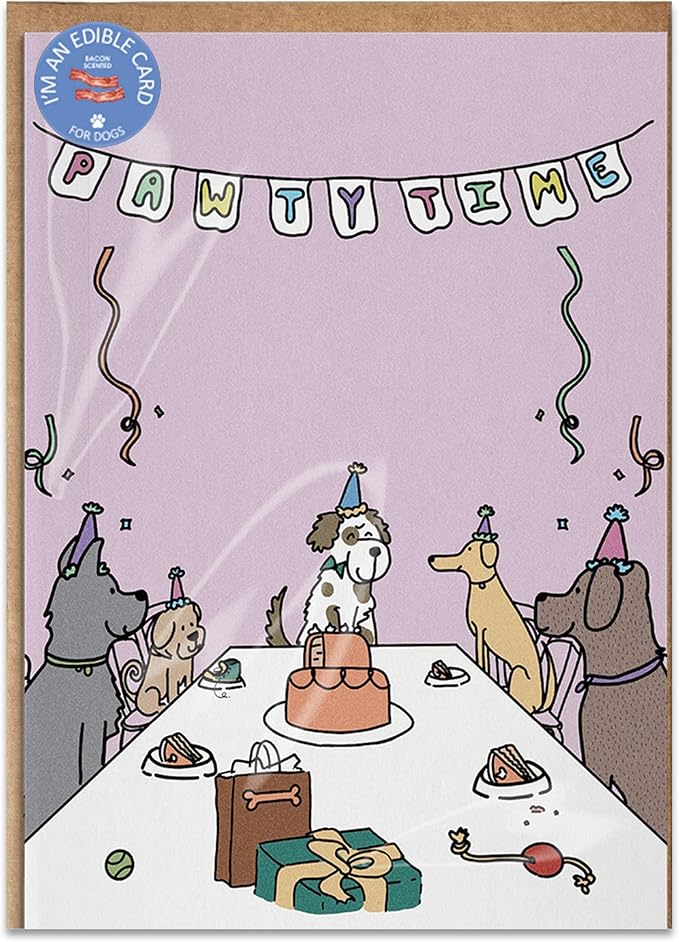 Poochie Post Edible Birthday Greeting Card for Dogs, Bacon-Flavored Dog Treat Birthday Gift with Edible Ink Pen, "Pawty Time" Design, Gluten & Grain Free, Made in USA