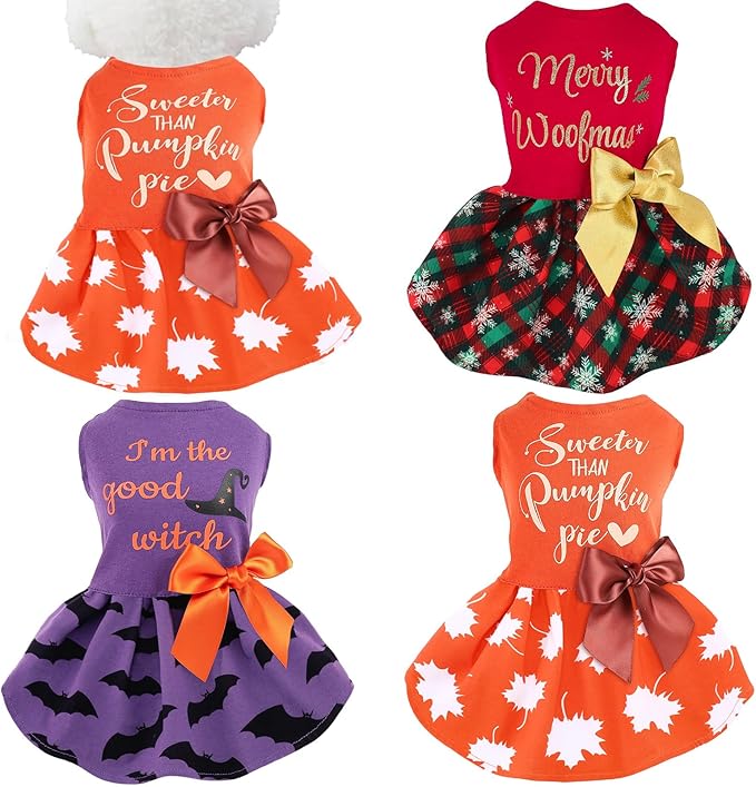 Abbylike 3 Pcs Seasonal Dog Outfits Christmas Halloween Thanksgiving Pet Costume Cotton Holiday Puppy Dress Lightweight Pet Apparel with Bowknot for Large Medium Cat Clothing, Small