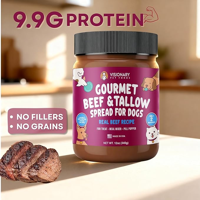 Visionary Pet Foods Beef Meat Spread - Healthy Dog Treat - Alternative to Dog Peanut Butter, Xylitol Free, No Sugar and Filler Free - Use on Lick Mat, Food Mixer, Pill Pockets - 12oz Jar