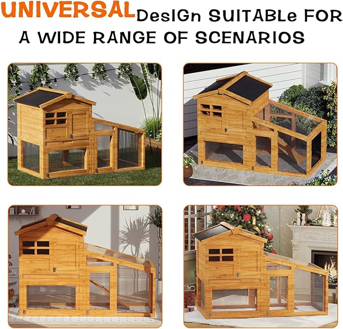 GarveeLife Rabbit Cage, Outdoor Weatherproof Bunny House Wooden, Indoor Bunny Cage with Run, Rabbit Hutch with Removable Tray, Grid Fences, Ramp 53.15" L x 23.62W 37.8" H Wood Color