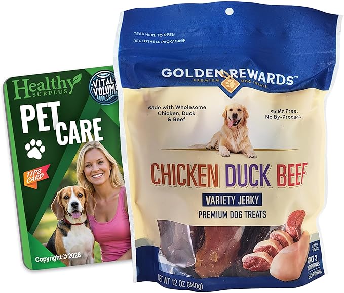 Healthy Surplus Golden Rewards Chicken Duck Beef Variety Jerky Premium Dog Treats 12 Oz and Vital Volumes Pet Care Card Bundle