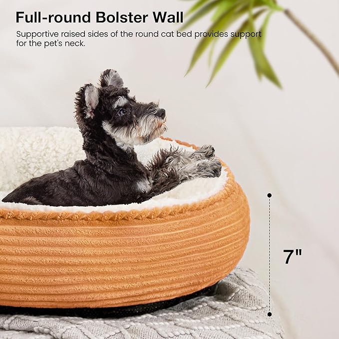 Love's cabin Round Donut Cat and Dog Cushion Bed, 25in Pet Bed for Small or Medium Dogs, Anti-Slip & Water-Resistant Bottom, Soft Durable Fabric Pet Beds, Washable Calming Cat Bed Orange Stripe